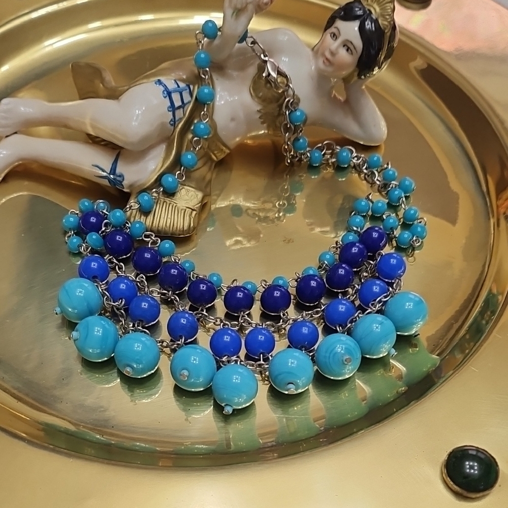 Vintage Blue Glass Beaded Necklace,made in Italy